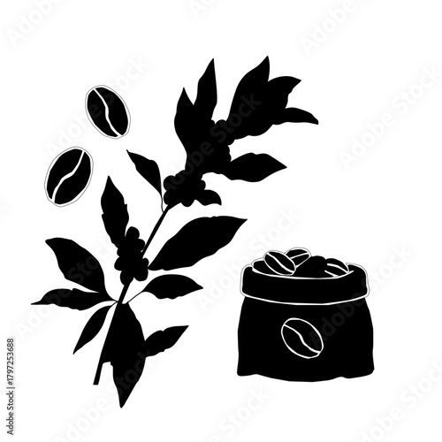 Floral Coffee Silhouette Vector Art. Botanical Coffee Cup and Beans Illustration. Elegant Coffee Branch Decor Icon. Minimalist Cafe Drink Silhouette with Leaves. Coffee Plant Decorative Outline Design