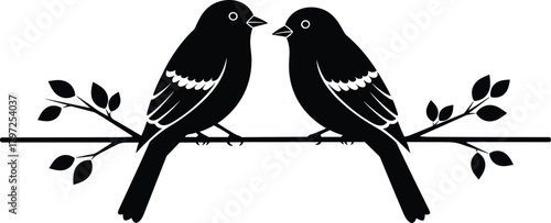 Two birds perched on leafy branch, symmetrical silhouette vector, nature companionship theme, black white contrast, cad drawing flat vector illustration