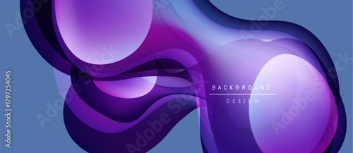 Abstract purple waves overlap, creating dynamic fluid shapes. Soft gradients suggest depth, modern design elements present.