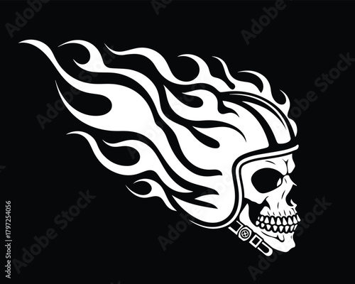 Flaming Skull with Helmet: A stylized illustration of a skull adorned with a helmet and encircled by dynamic flames, a bold symbol of speed, danger, and the untamed spirit of the open road.