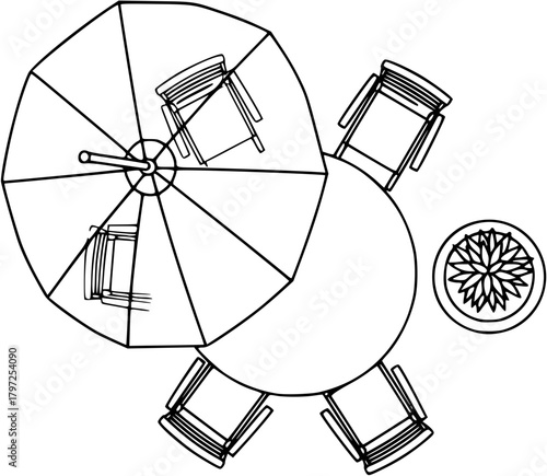 Black and white plan view of outdoor furniture set with umbrella, seating, table, and potted plant.
