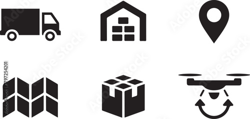 Logistics and supply chain icons with delivery truck, map, drone