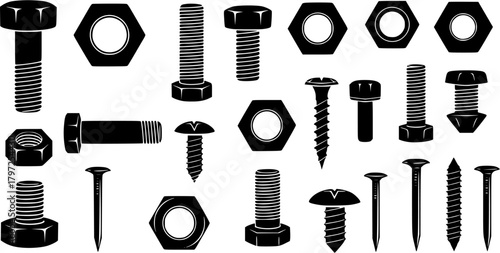 Monochrome Industrial Fasteners Set Bolts Nuts Screws Nails

