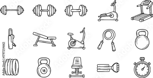 Fitness and gym equipment doodle icon set
