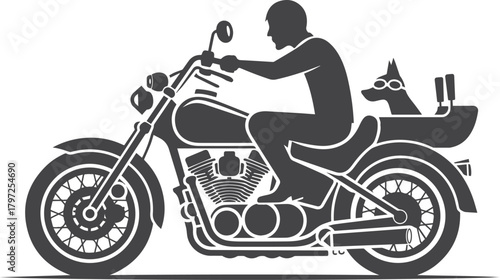 Biker on Motorcycle: An adventurous silhouette of a biker and canine companion embarking on a thrilling journey, riding off into the open road. Capturing the spirit of adventure and freedom