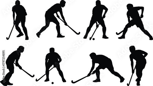 Field hockey silhouette, sports action, athlete pose, hockey stick, black vector, dynamic movement, team player, isolated figure, game icon, sport gear