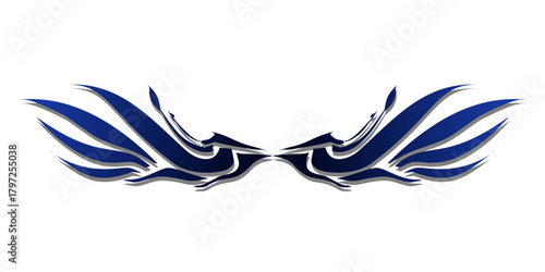Symmetrical abstract blue wings in a dynamic tribal tattoo style.