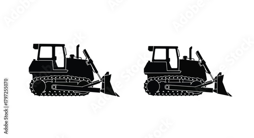 Two identical black silhouettes of heavy duty construction bulldozers shown side view