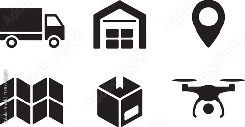 Essential logistics and delivery service icons including drone