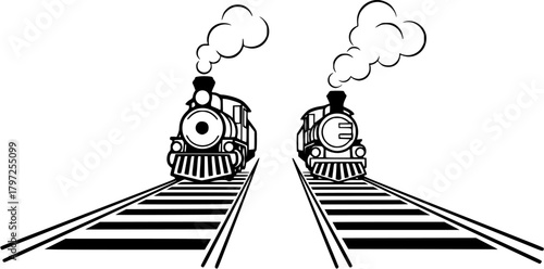 Set of two old steam trains and railway tracks
