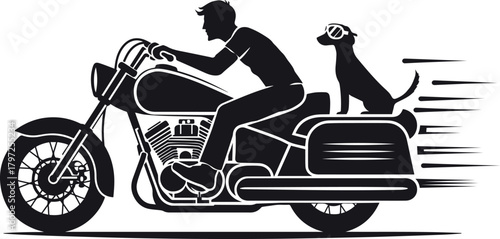 Biker's Bond: A biker and his companion embarking on a shared adventure, speeding along the open road, silhouetted against a backdrop of freedom and camaraderie.