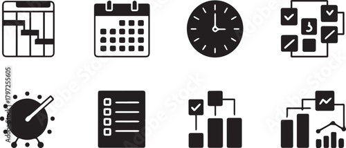 Project management, scheduling, and data analysis vector icons