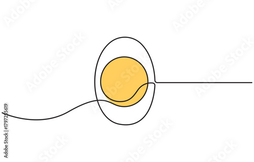 Continuous one line drawing half cut boiled yolk egg, single line art minimalist style isolate outline vector illustration.