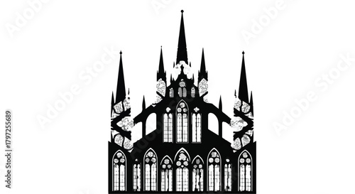 Intricate gothic cathedral silhouette against a bright white background, evoking history and grandeur.