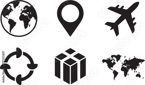 Global delivery, location, flight, and world map icon collection
