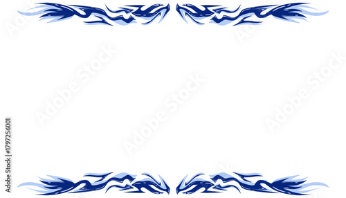 Abstract blue tribal style frame with dynamic wave shapes on a white background.