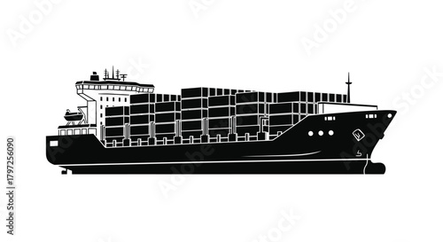 A detailed black and white illustration of a large cargo container ship