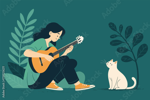 Young woman strumming acoustic guitar, joyful feline companion resting, sunlit room, cozy atmosphere, peaceful moment.