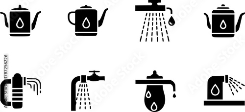 Water irrigation system icons set supply flow watering hydration
