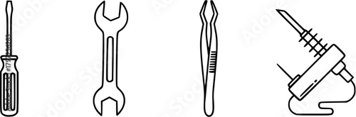 Repair tools screwdriver wrench tweezers soldering iron outline icons
