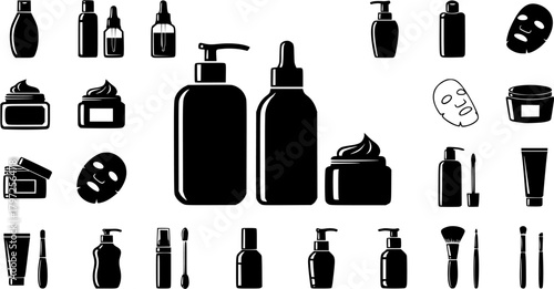 Skincare Cosmetic Products Black Silhouette Icons Collection Set on White Background
