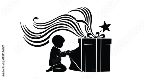 Child eagerly opening a magical gift box with swirling ribbons and a star.