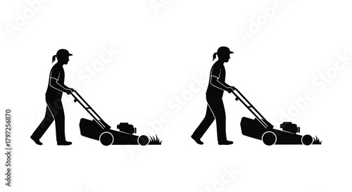 Two figures mowing lawns depicted as simple black silhouettes