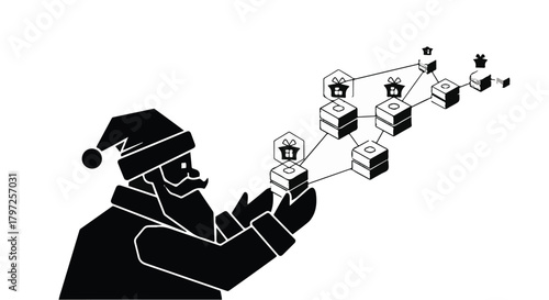 Santa Claus connects a digital network of houses, symbolizing festive technology and smart homes.