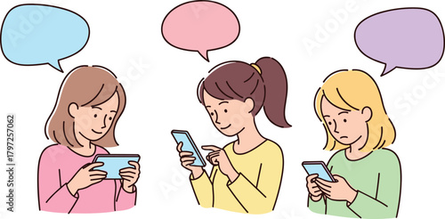 Teen girls using smartphones with blank speech bubbles for texting, chatting, social media, communication, messaging, technology and online conversation illustration