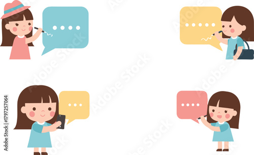 Cute girls drawing and texting inside colorful blank speech bubbles for communication, chat message, education, smartphone conversation and social media design