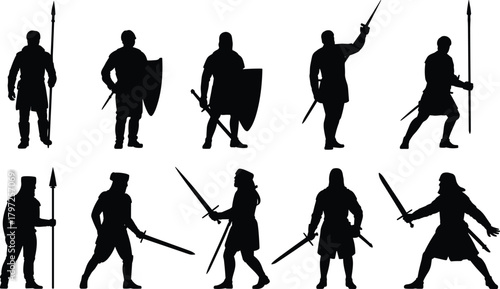 Medieval warrior silhouette, sword fighter, shield bearer, combat stance, historical soldier, black vector, battle pose, weapon icon, knight figure, isolated graphic