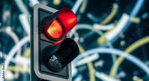 Red Light Illuminated on Modern Traffic Signal with Abstract Background Indicating Halt, Wait, or Restriction.