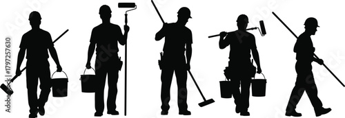 Painter silhouette, construction worker, painting tools, manual labor, black vector, work pose, bucket carrier, roller tool, isolated figure, maintenance icon