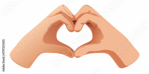 Two hands forming a heart shape with fingers touching on a white background