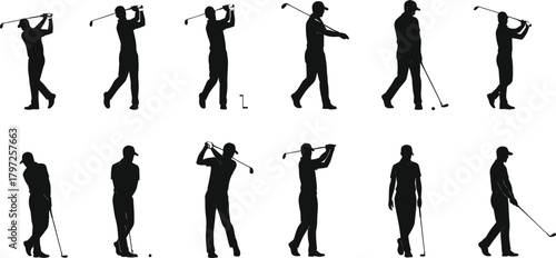 golf, golfer, swing, silhouette, posture, motion, club, stance, follow-through, cap, walking, technique, sport, athletic, equipment