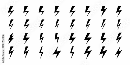 Seamless pattern of black lightning bolt icons on a white background representing energy and power
