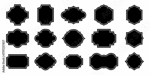 Collection of decorative black frames and labels with elegant grey borders on a white background