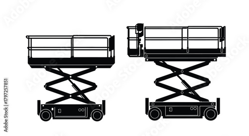 Detailed black and white illustration of two scissor lifts in profile view