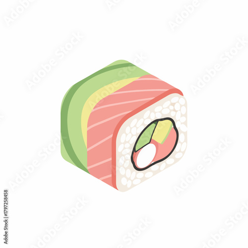 Isometric Delicious Sushi Roll with Salmon and Avocado Food Illustration