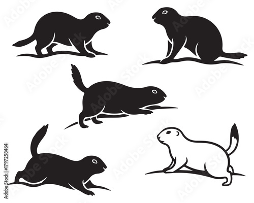 groundhog silhouettes in various poses including an outline vector icon set for wildlife concepts and nature design