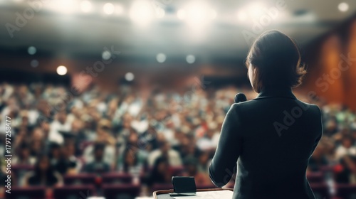 A professional speaker delivering a business presentation, set against a blurred auditorium background to convey leadership, clarity, corporate communication. business conference, keynote speaker.