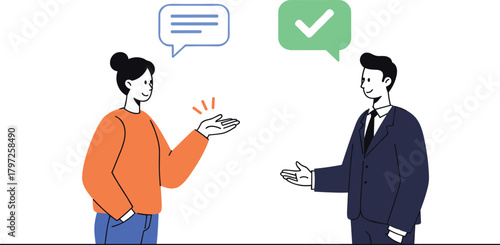 Friendly communication between woman and businessman, positive conversation with speech bubbles and check mark symbol showing agreement and understanding