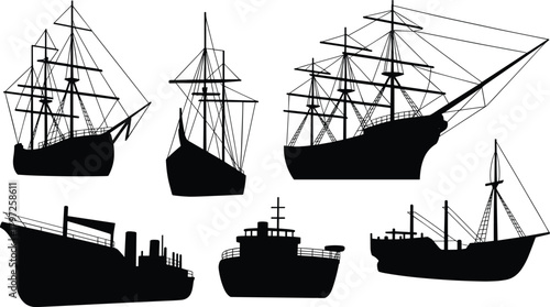 Ship silhouette, sailing vessel, cargo boat, maritime icon, nautical transport, black vector, ocean travel, fishing ship, historic rigging, isolated graphic