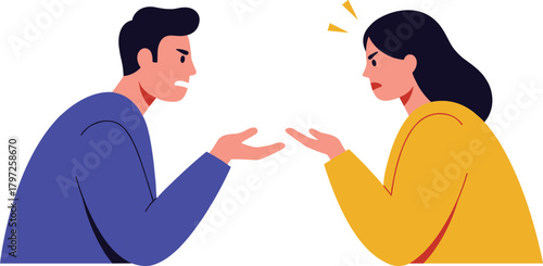 Angry man and woman arguing face to face, emotional conflict illustration showing frustration, stress, misunderstanding and communication problem