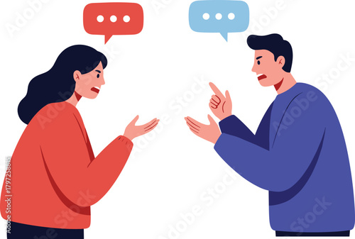 Two people arguing and having conflict, angry conversation and disagreement expression, communication problem and emotional discussion in vector illustration