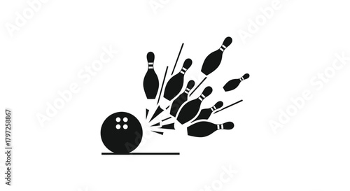 A bowling ball strikes the pins scattering them in a dynamic impact