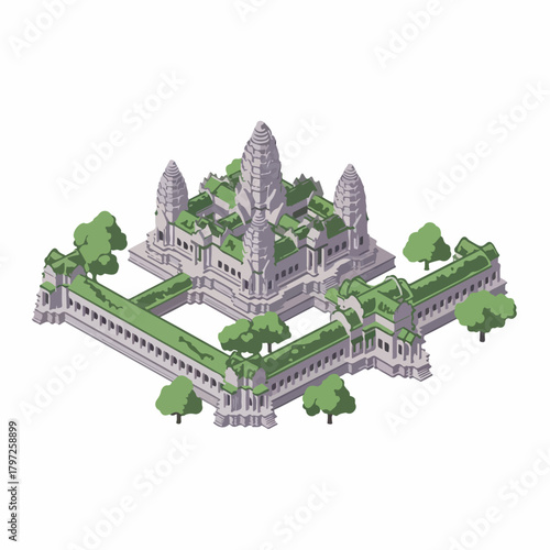 Isometric Detailed Angkor Wat Temple Landmark Historical Building Illustration