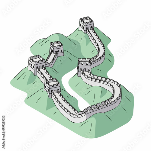 Isometric Detailed Great Wall of China Landmark Building Illustration