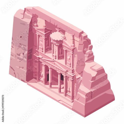 Isometric Detailed Petra Ancient City Landmark Illustration Pink Palette