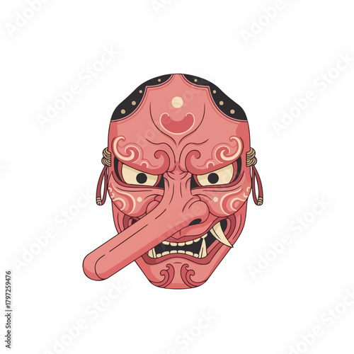 Cartoon Traditional Tengu Mask Red Face with Long Nose Illustration